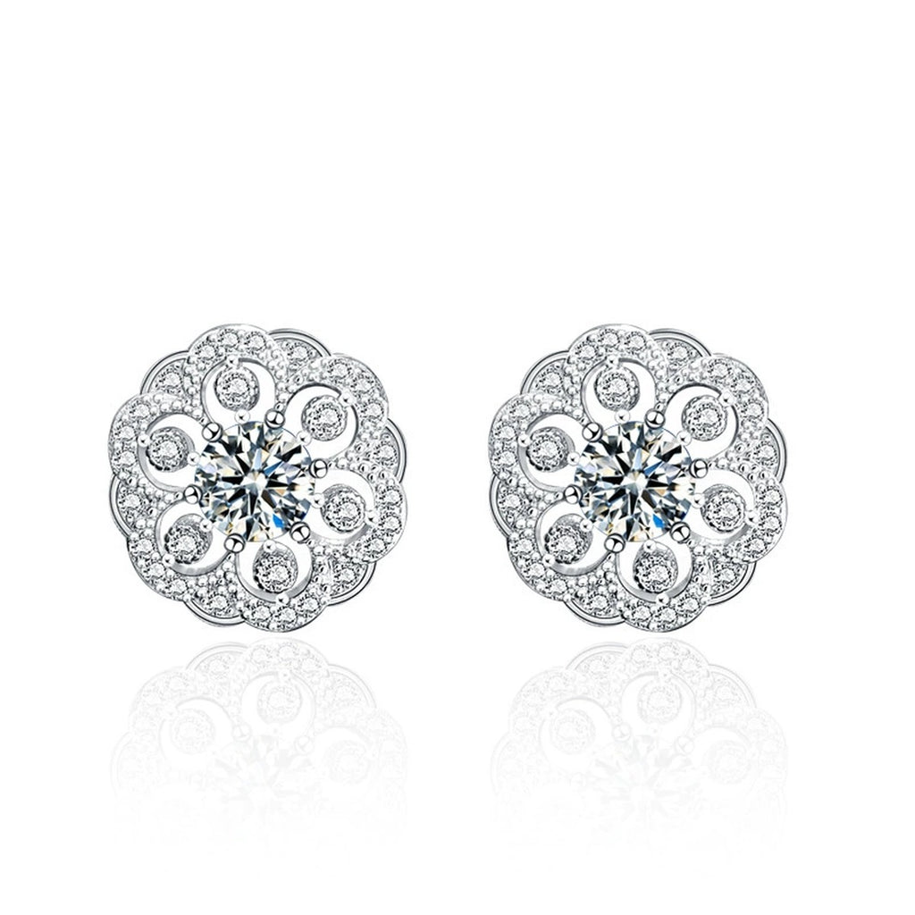 Floral Round Moissanite Stud Earrings with CZ in White Gold-Plated S925 sterling silver white background product photo showing the pair, stone shape, and stud earrings silhouette