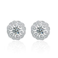 Floral Round Moissanite Stud Earrings with CZ in White Gold-Plated S925 sterling silver white background product photo showing the pair, stone shape, and stud earrings silhouette
