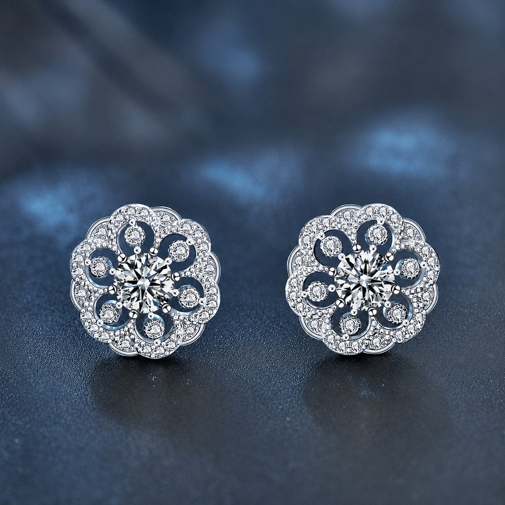 Floral Round Moissanite Stud Earrings with CZ in White Gold-Plated S925 sterling silver product scene view showing front sparkle