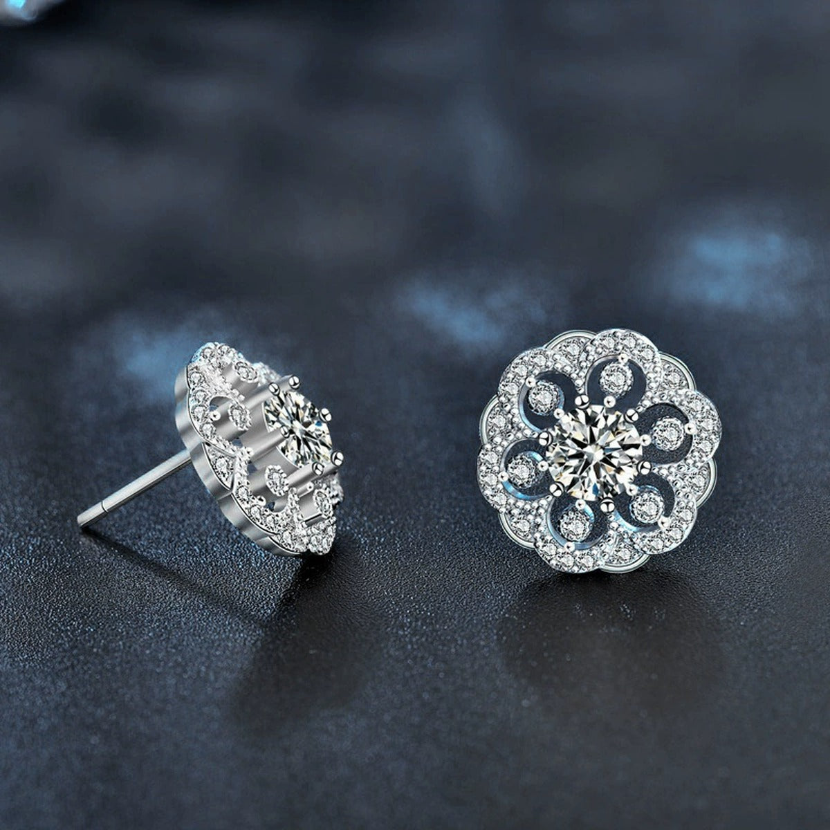 Floral Round Moissanite Stud Earrings with CZ in White Gold-Plated S925 sterling silver product scene view showing angled setting detail