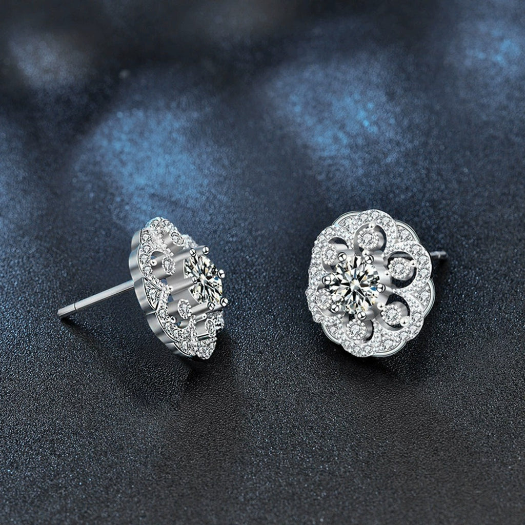Floral Round Moissanite Stud Earrings with CZ in White Gold-Plated S925 sterling silver product scene view showing side profile