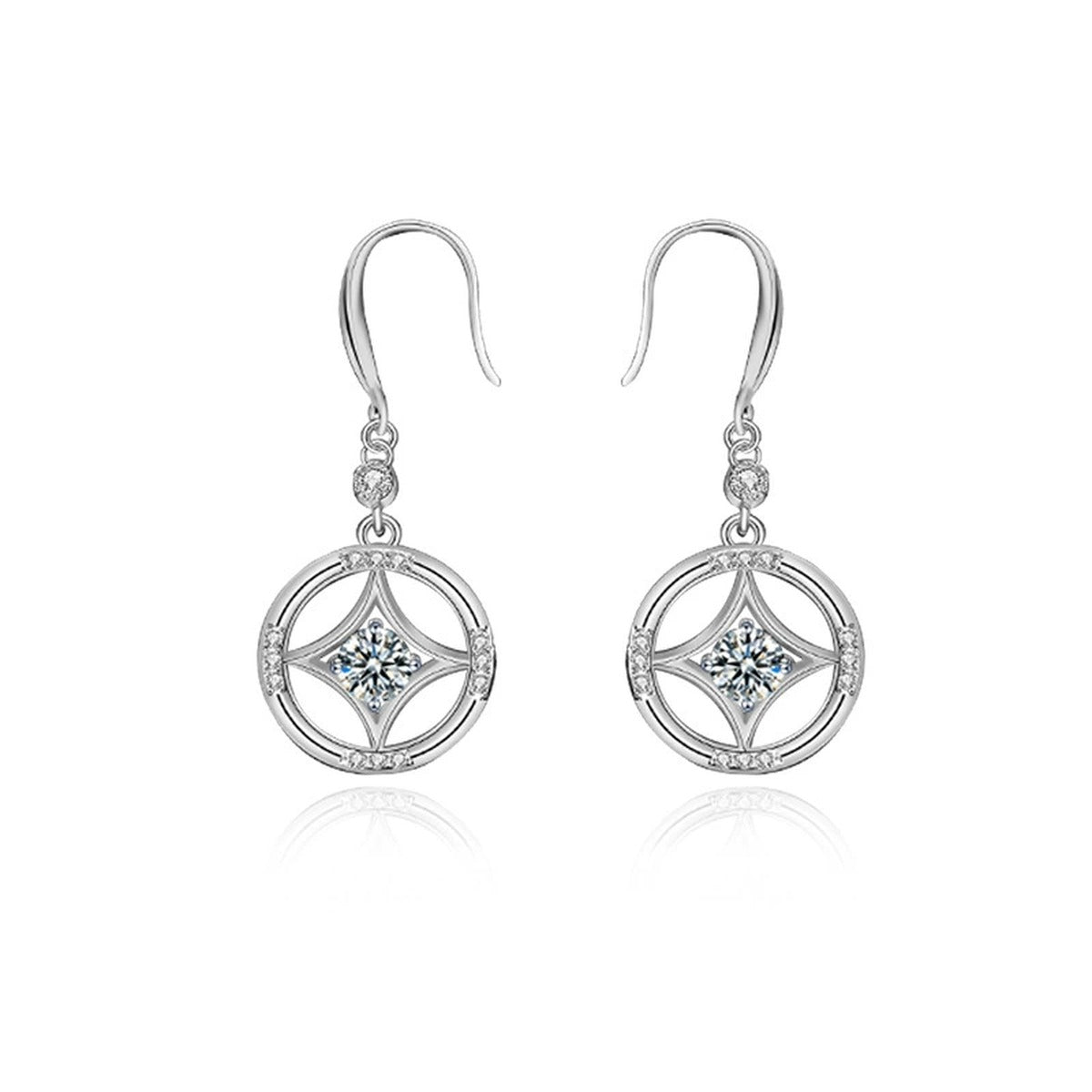 Geometric Round Moissanite Hook Dangle Earrings with CZ in White Gold-Plated S925 sterling silver white background product photo showing the pair, stone shape, and hook dangle earrings silhouette