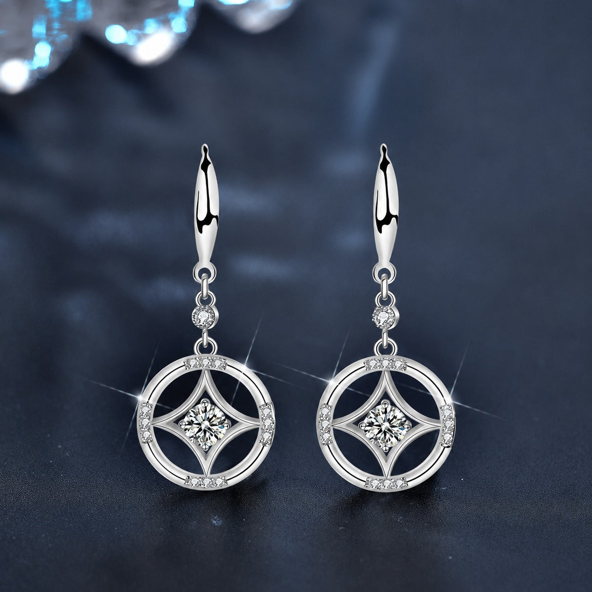 Geometric Round Moissanite Hook Dangle Earrings with CZ in White Gold-Plated S925 sterling silver product scene view showing front sparkle