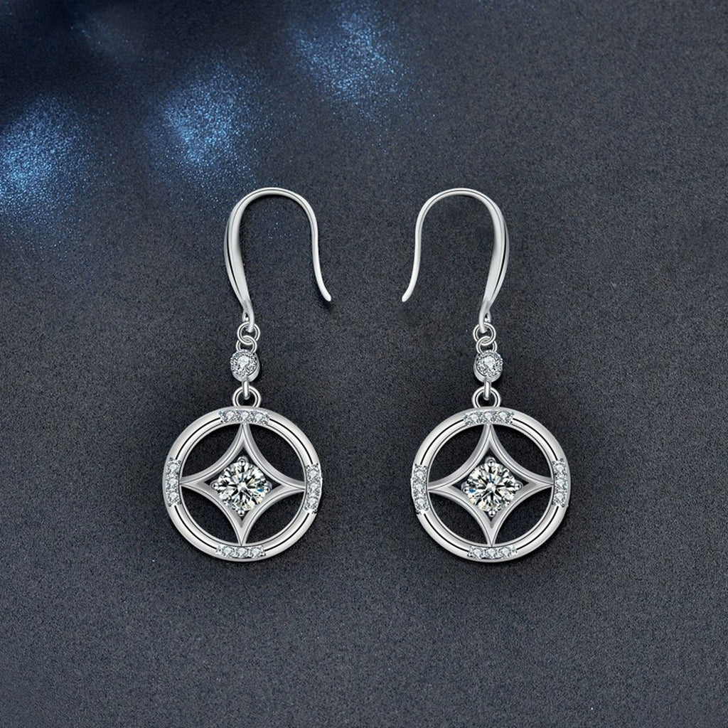 Geometric Round Moissanite Hook Dangle Earrings with CZ in White Gold-Plated S925 sterling silver product scene view showing angled setting detail