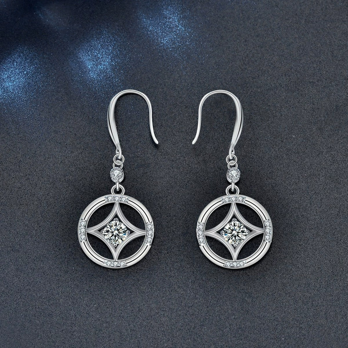 Geometric Round Moissanite Hook Dangle Earrings with CZ in White Gold-Plated S925 sterling silver product scene view showing angled setting detail