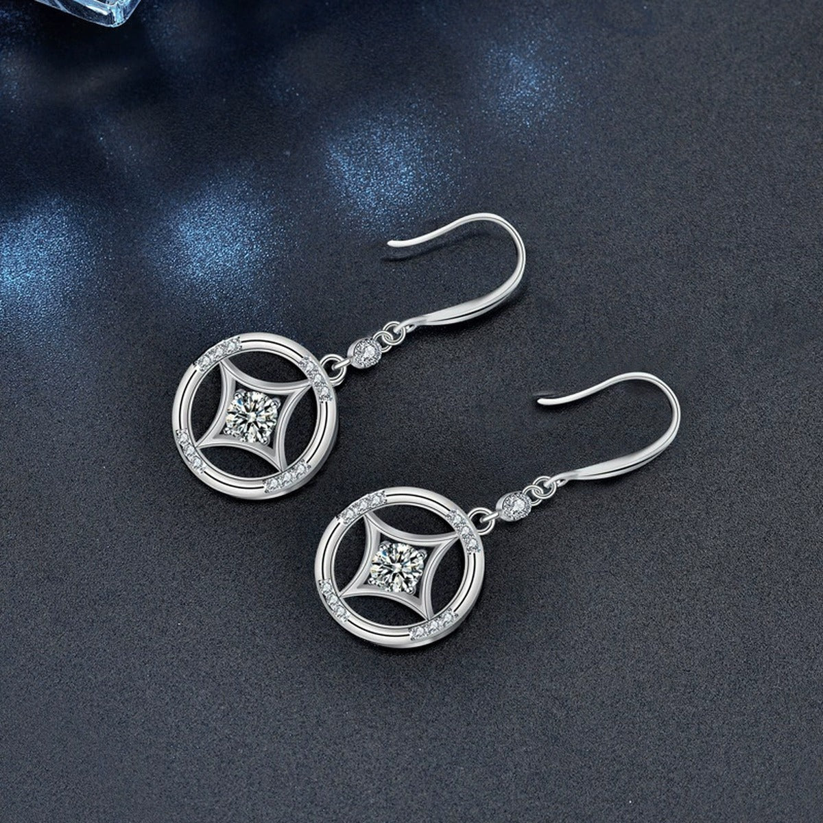 Geometric Round Moissanite Hook Dangle Earrings with CZ in White Gold-Plated S925 sterling silver product scene view showing side profile