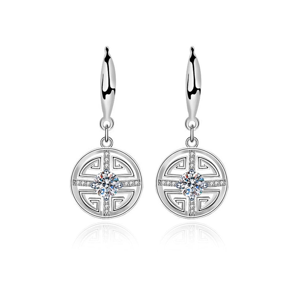 Longevity Motif Round Moissanite Hook Dangle Earrings with CZ in White Gold-Plated S925 sterling silver white background product photo showing the pair, stone shape, and hook dangle earrings silhouette