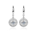 Longevity Motif Round Moissanite Hook Dangle Earrings with CZ in White Gold-Plated S925 sterling silver white background product photo showing the pair, stone shape, and hook dangle earrings silhouette