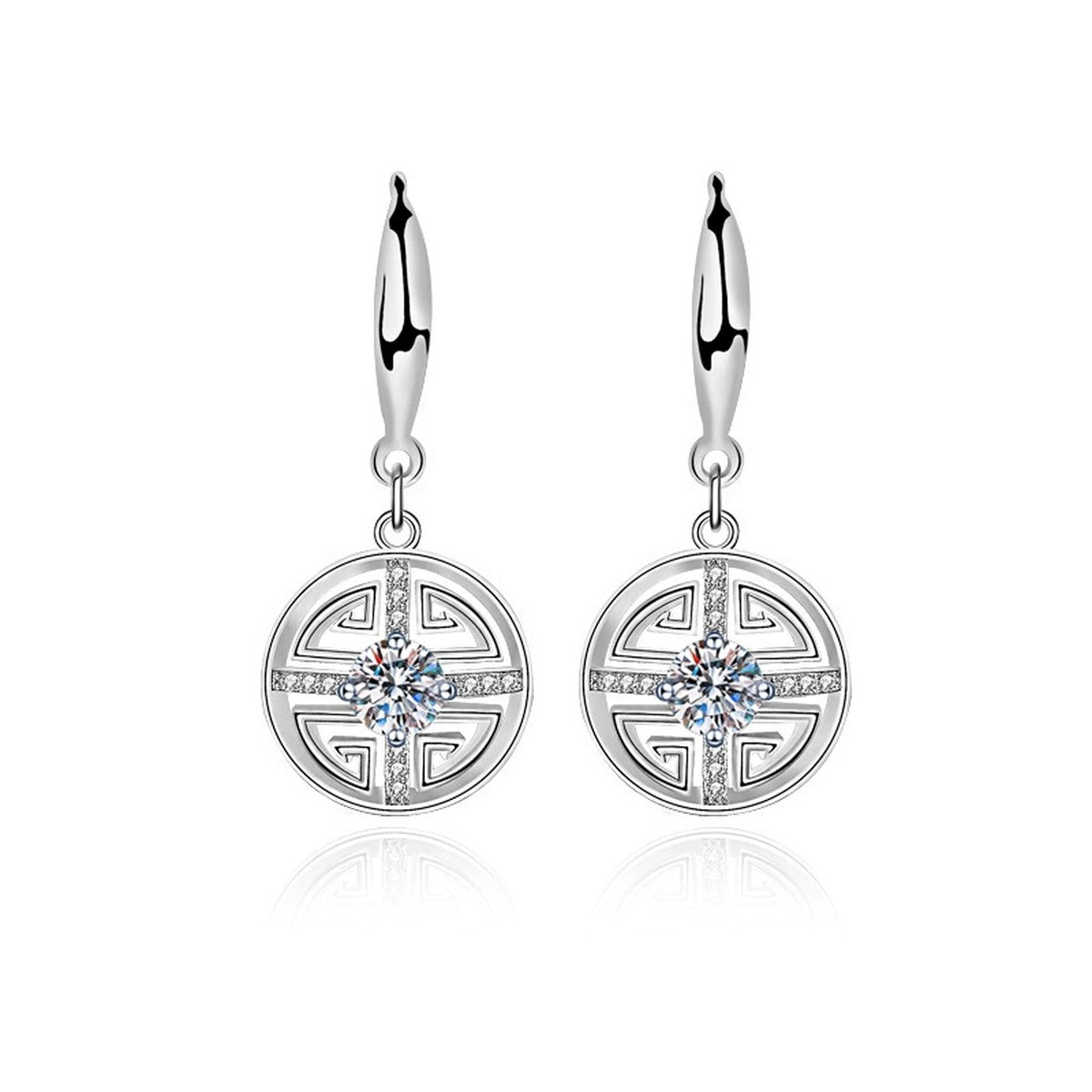 Longevity Motif Round Moissanite Hook Dangle Earrings with CZ in White Gold-Plated S925 sterling silver white background product photo showing the pair, stone shape, and hook dangle earrings silhouette