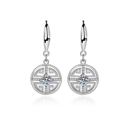 Longevity Motif Round Moissanite Hook Dangle Earrings with CZ in White Gold-Plated S925 sterling silver white background product photo showing the pair, stone shape, and hook dangle earrings silhouette