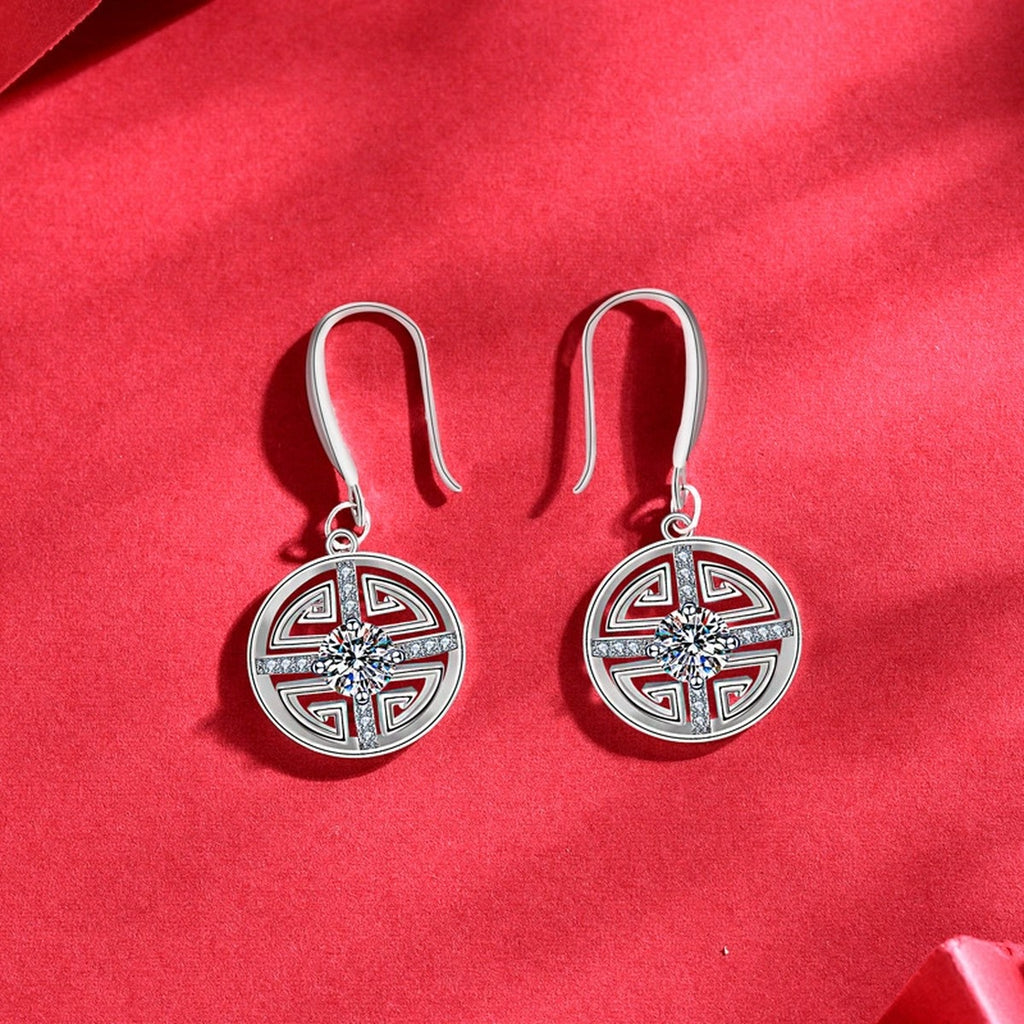 Longevity Motif Round Moissanite Hook Dangle Earrings with CZ in White Gold-Plated S925 sterling silver product scene view showing front sparkle