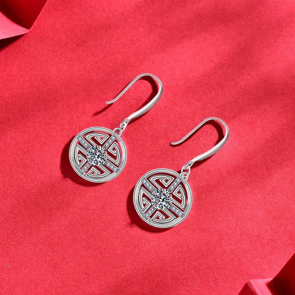 Longevity Motif Round Moissanite Hook Dangle Earrings with CZ in White Gold-Plated S925 sterling silver product scene view showing angled setting detail