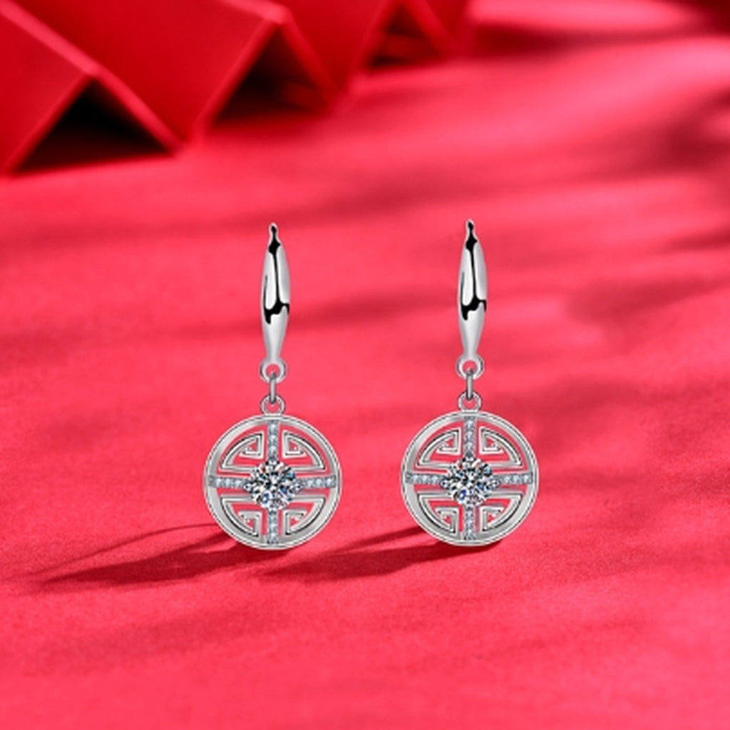 Longevity Motif Round Moissanite Hook Dangle Earrings with CZ in White Gold-Plated S925 sterling silver product scene view showing side profile