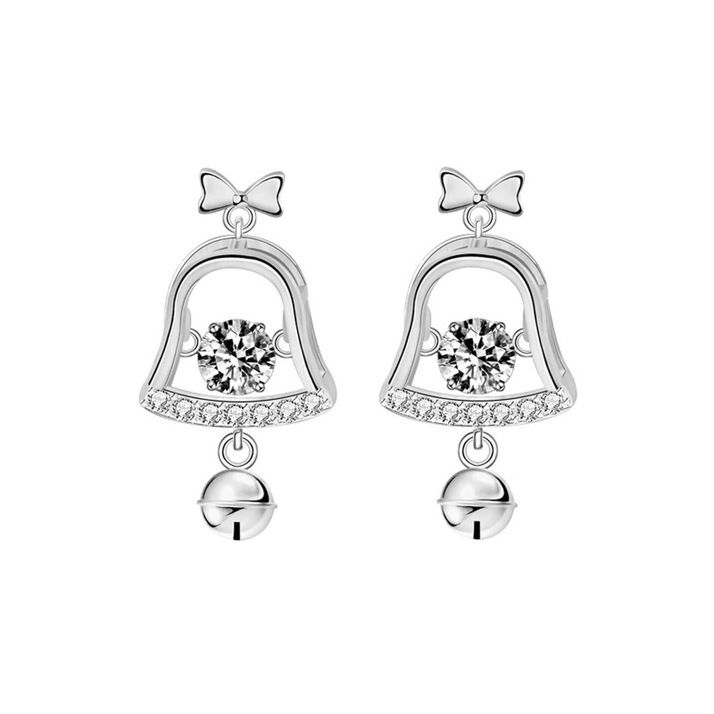 Christmas Bell Round Moissanite Stud Dangle Earrings with CZ in White Gold-Plated S925 sterling silver white background product photo showing the pair, stone shape, and stud dangle earrings silhouette