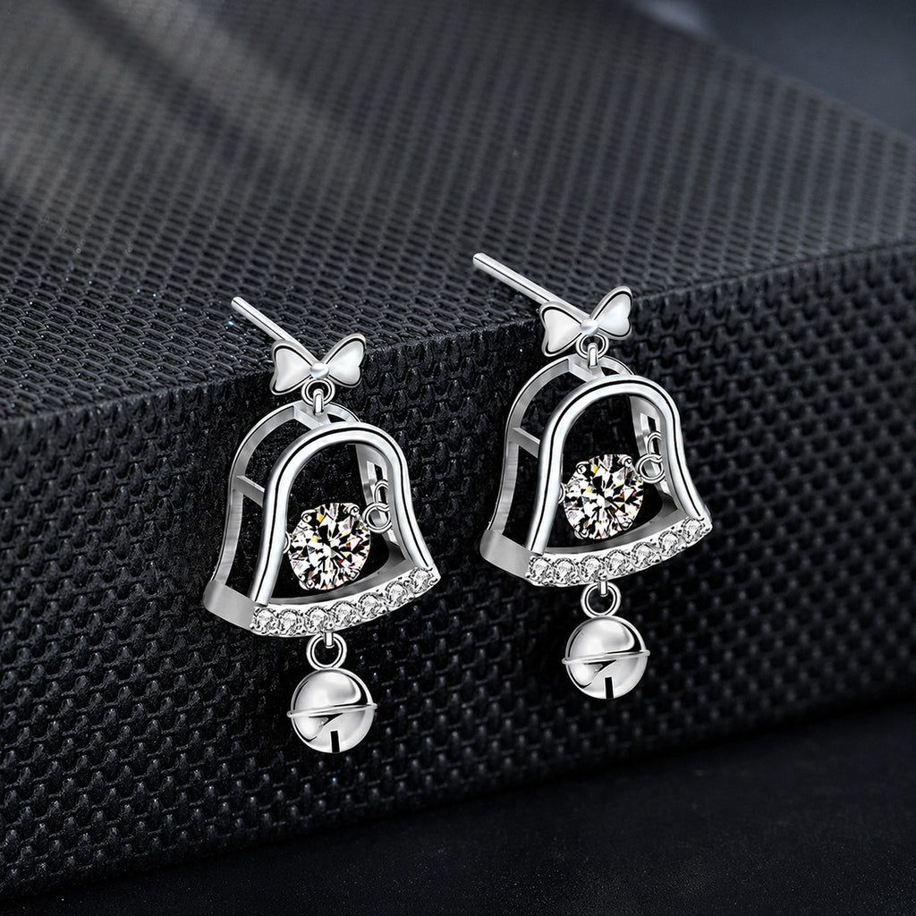 Christmas Bell Round Moissanite Stud Dangle Earrings with CZ in White Gold-Plated S925 sterling silver product scene view showing front sparkle