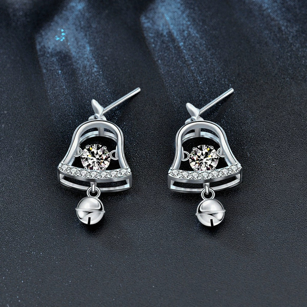 Christmas Bell Round Moissanite Stud Dangle Earrings with CZ in White Gold-Plated S925 sterling silver product scene view showing angled setting detail