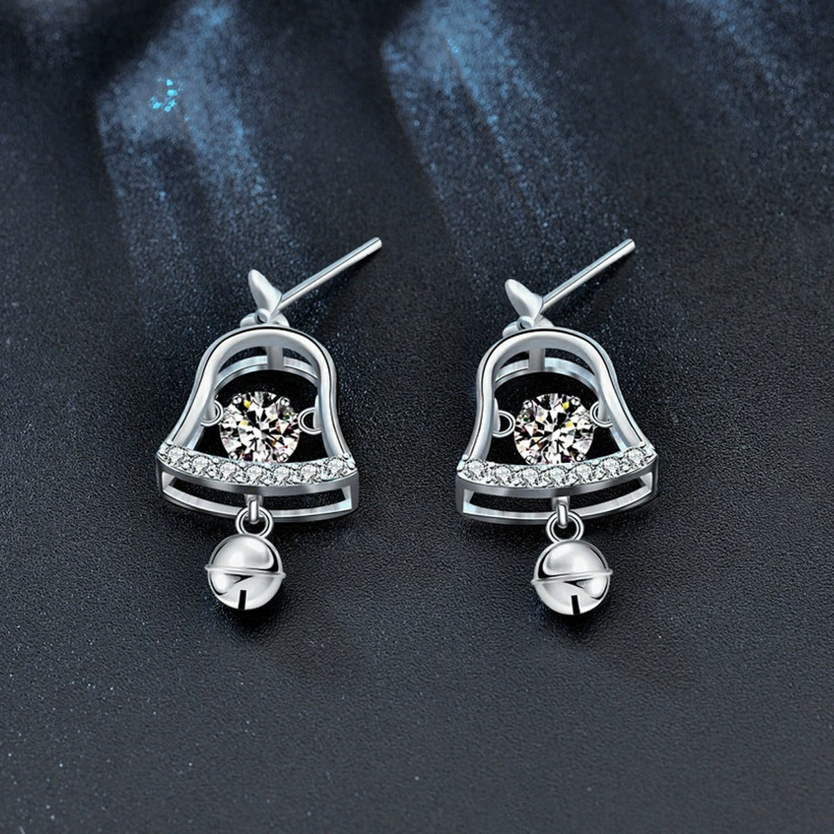 Christmas Bell Round Moissanite Stud Dangle Earrings with CZ in White Gold-Plated S925 sterling silver product scene view showing angled setting detail