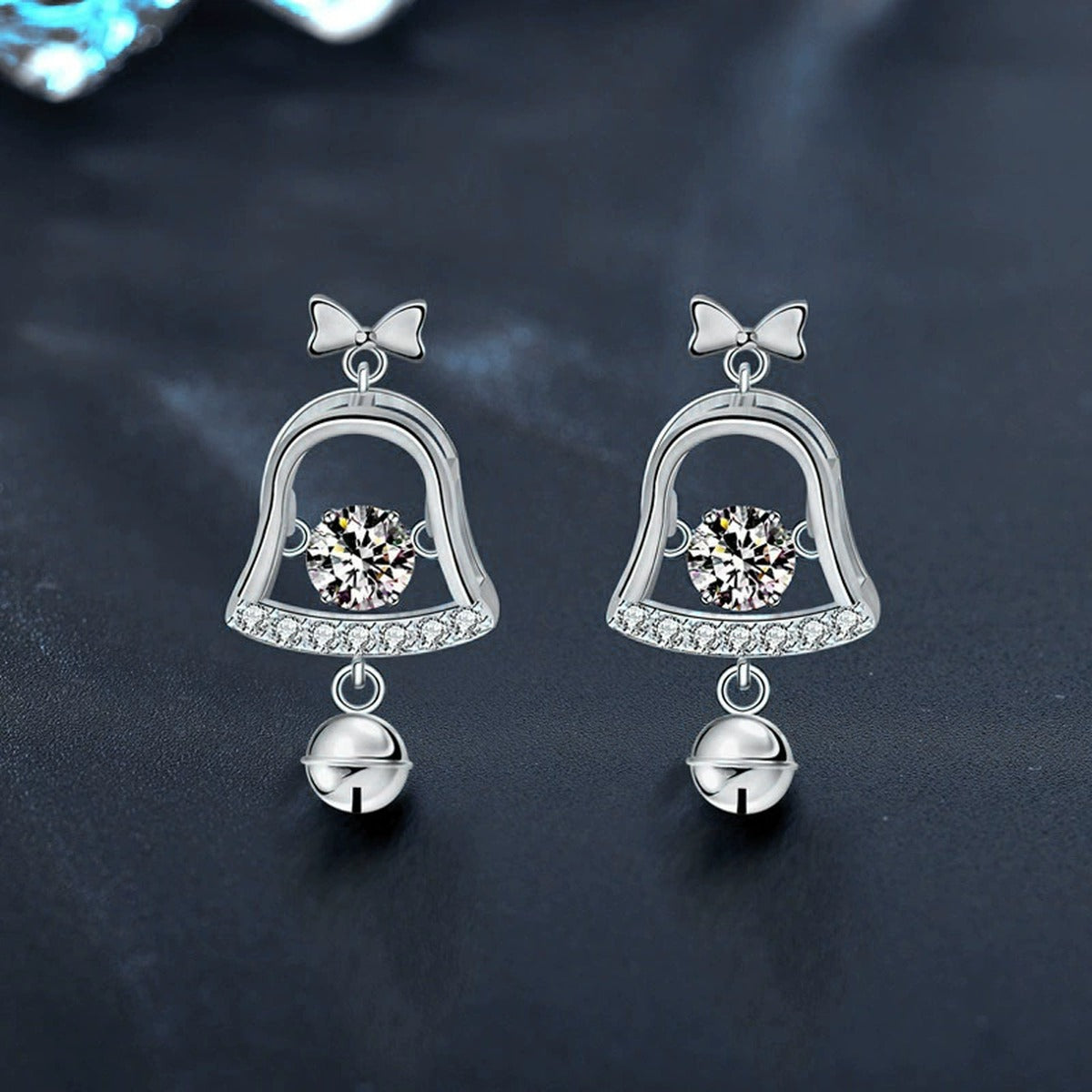Christmas Bell Round Moissanite Stud Dangle Earrings with CZ in White Gold-Plated S925 sterling silver product scene view showing side profile