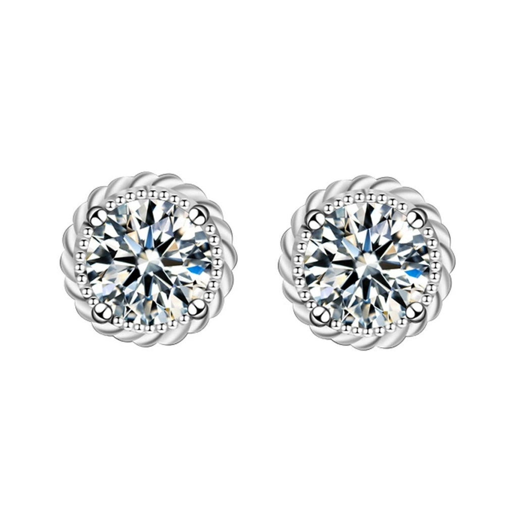 Floral Halo Round Moissanite Stud Earrings in White Gold-Plated S925 sterling silver white background product photo showing the pair, stone shape, and stud earrings silhouette