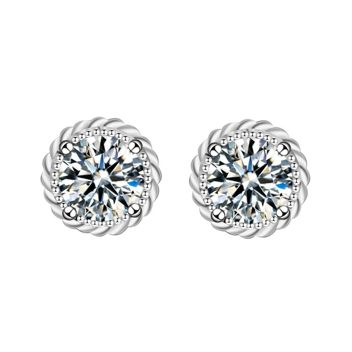 Floral Halo Round Moissanite Stud Earrings in White Gold-Plated S925 sterling silver white background product photo showing the pair, stone shape, and stud earrings silhouette