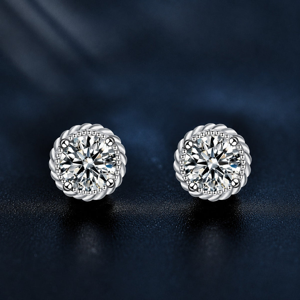 Floral Halo Round Moissanite Stud Earrings in White Gold-Plated S925 sterling silver product scene view showing front sparkle