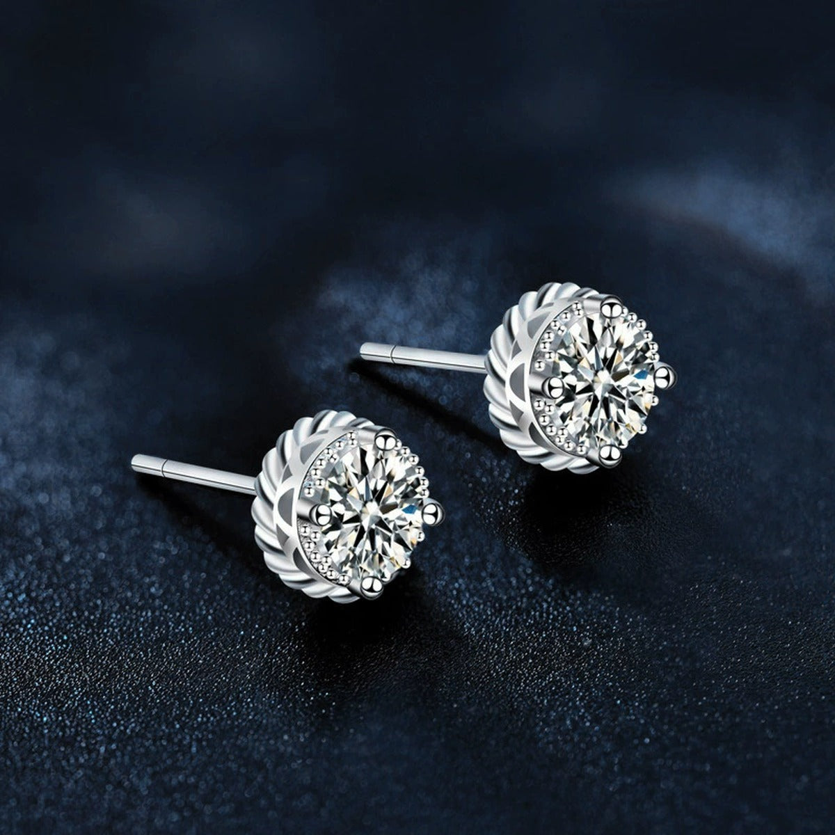 Floral Halo Round Moissanite Stud Earrings in White Gold-Plated S925 sterling silver product scene view showing angled setting detail