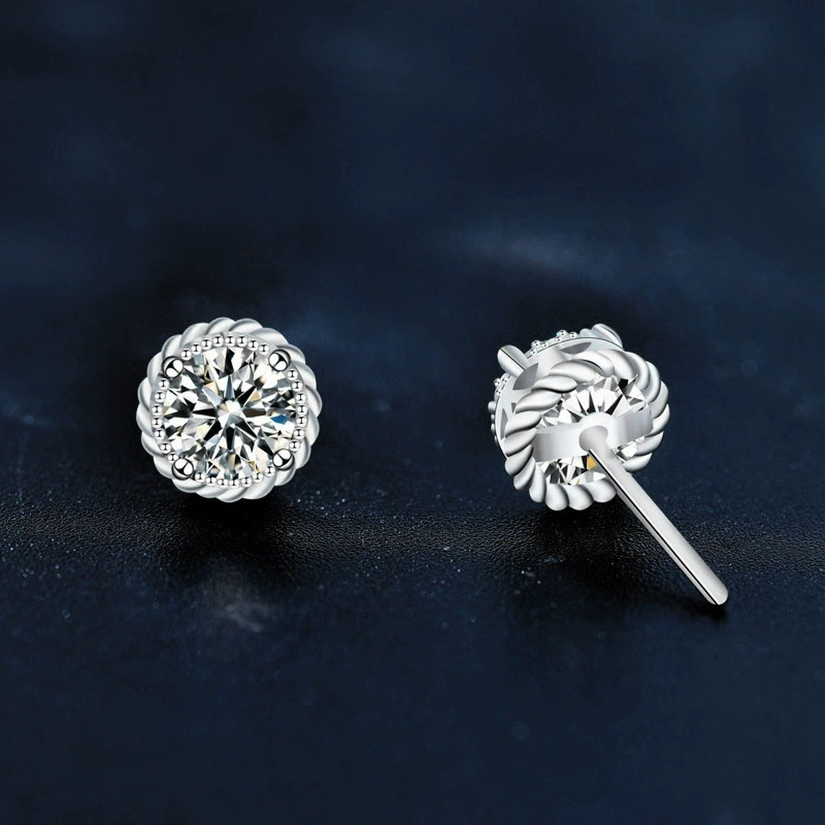 Floral Halo Round Moissanite Stud Earrings in White Gold-Plated S925 sterling silver product scene view showing side profile