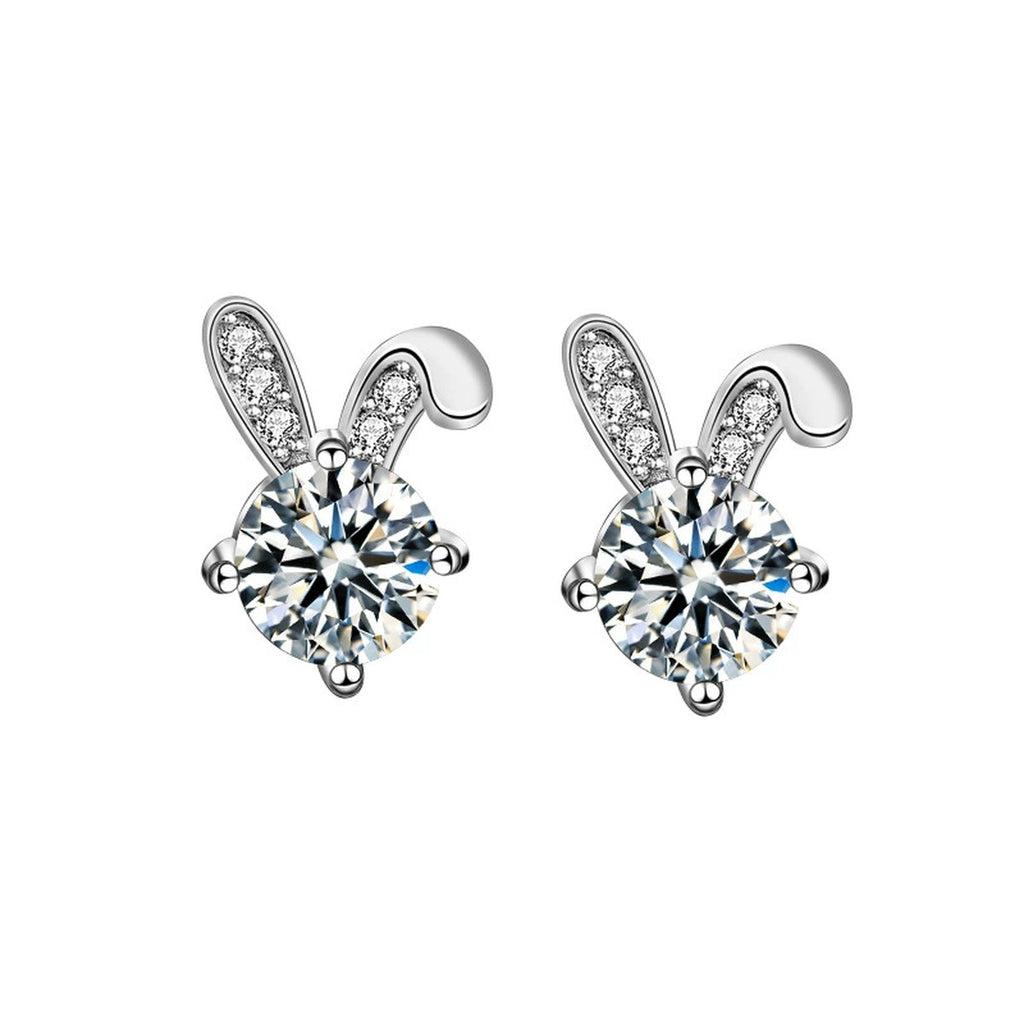 Rabbit Round Moissanite Stud Earrings with CZ in White Gold-Plated S925 sterling silver white background product photo showing the pair, stone shape, and stud earrings silhouette