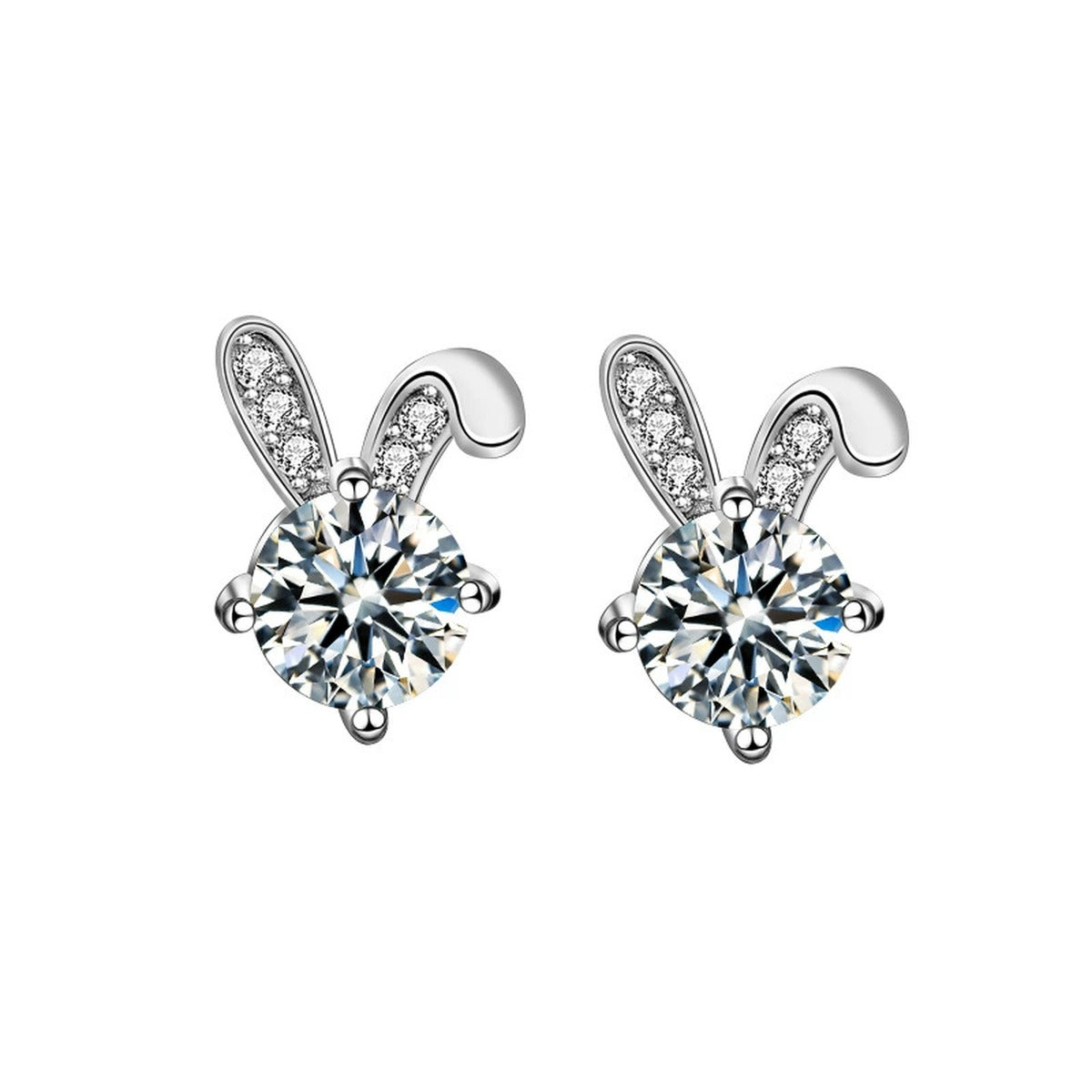 Rabbit Round Moissanite Stud Earrings with CZ in White Gold-Plated S925 sterling silver white background product photo showing the pair, stone shape, and stud earrings silhouette
