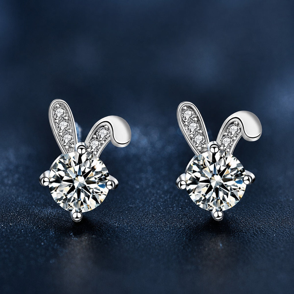 Rabbit Round Moissanite Stud Earrings with CZ in White Gold-Plated S925 sterling silver product scene view showing front sparkle