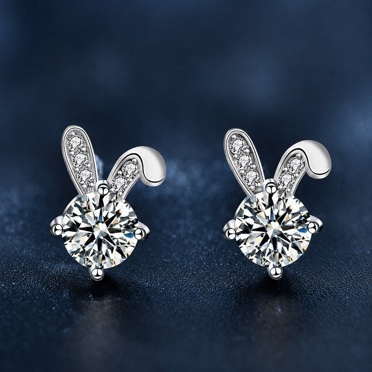 Rabbit Round Moissanite Stud Earrings with CZ in White Gold-Plated S925 sterling silver product scene view showing front sparkle
