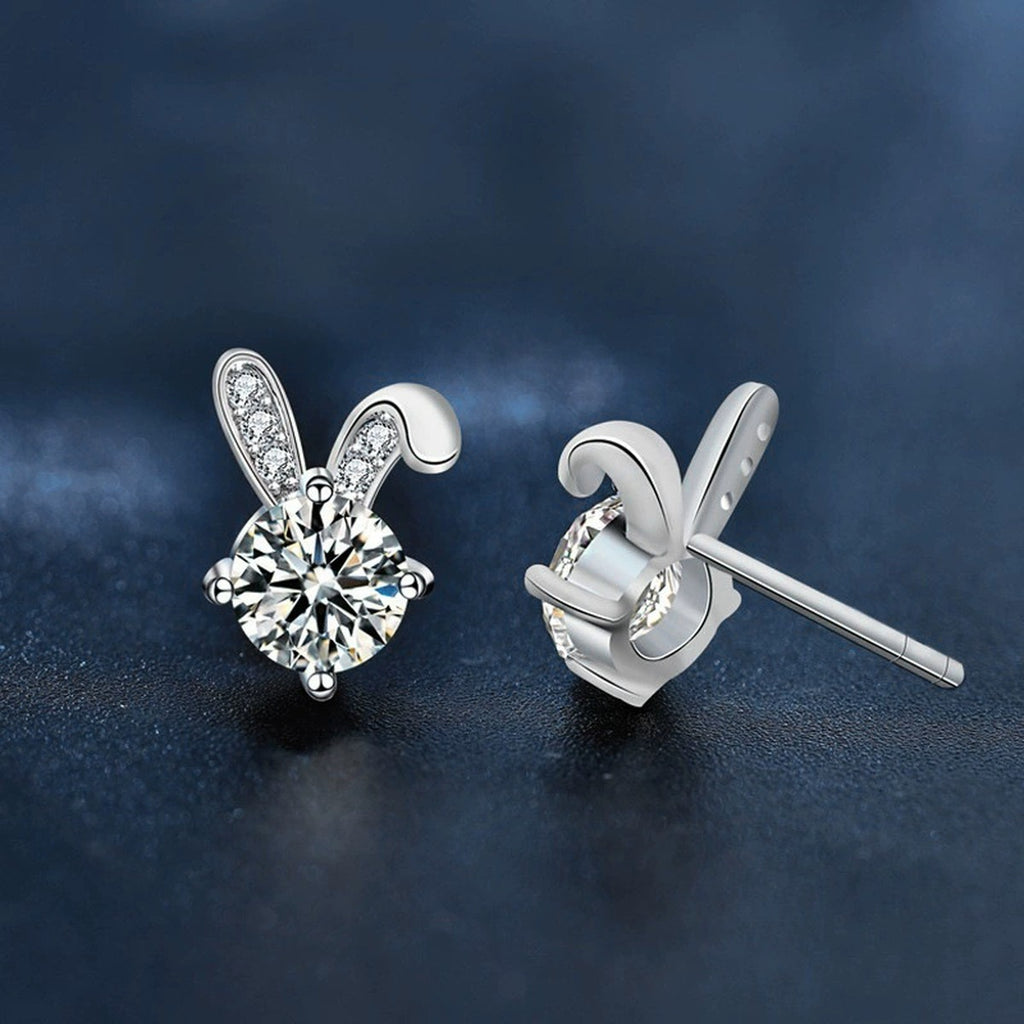 Rabbit Round Moissanite Stud Earrings with CZ in White Gold-Plated S925 sterling silver product scene view showing angled setting detail