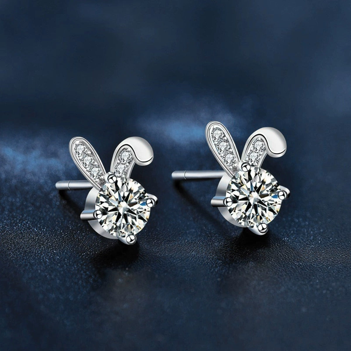 Rabbit Round Moissanite Stud Earrings with CZ in White Gold-Plated S925 sterling silver product scene view showing side profile