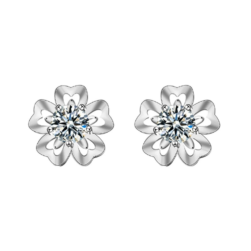 Cherry Blossom Round Moissanite Stud Earrings in White Gold-Plated S925 sterling silver white background product photo showing the pair, stone shape, and stud earrings silhouette