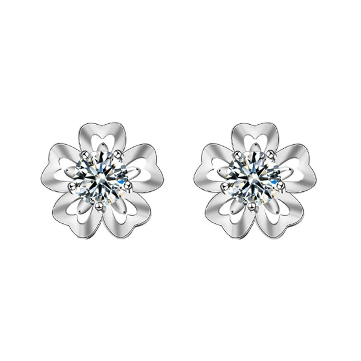 Cherry Blossom Round Moissanite Stud Earrings in White Gold-Plated S925 sterling silver white background product photo showing the pair, stone shape, and stud earrings silhouette