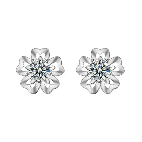 Cherry Blossom Round Moissanite Stud Earrings in White Gold-Plated S925 sterling silver white background product photo showing the pair, stone shape, and stud earrings silhouette