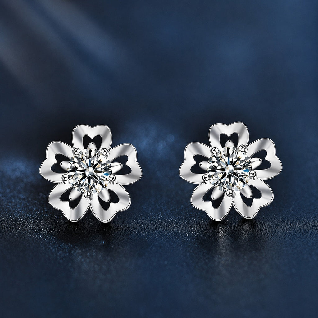 Cherry Blossom Round Moissanite Stud Earrings in White Gold-Plated S925 sterling silver product scene view showing front sparkle