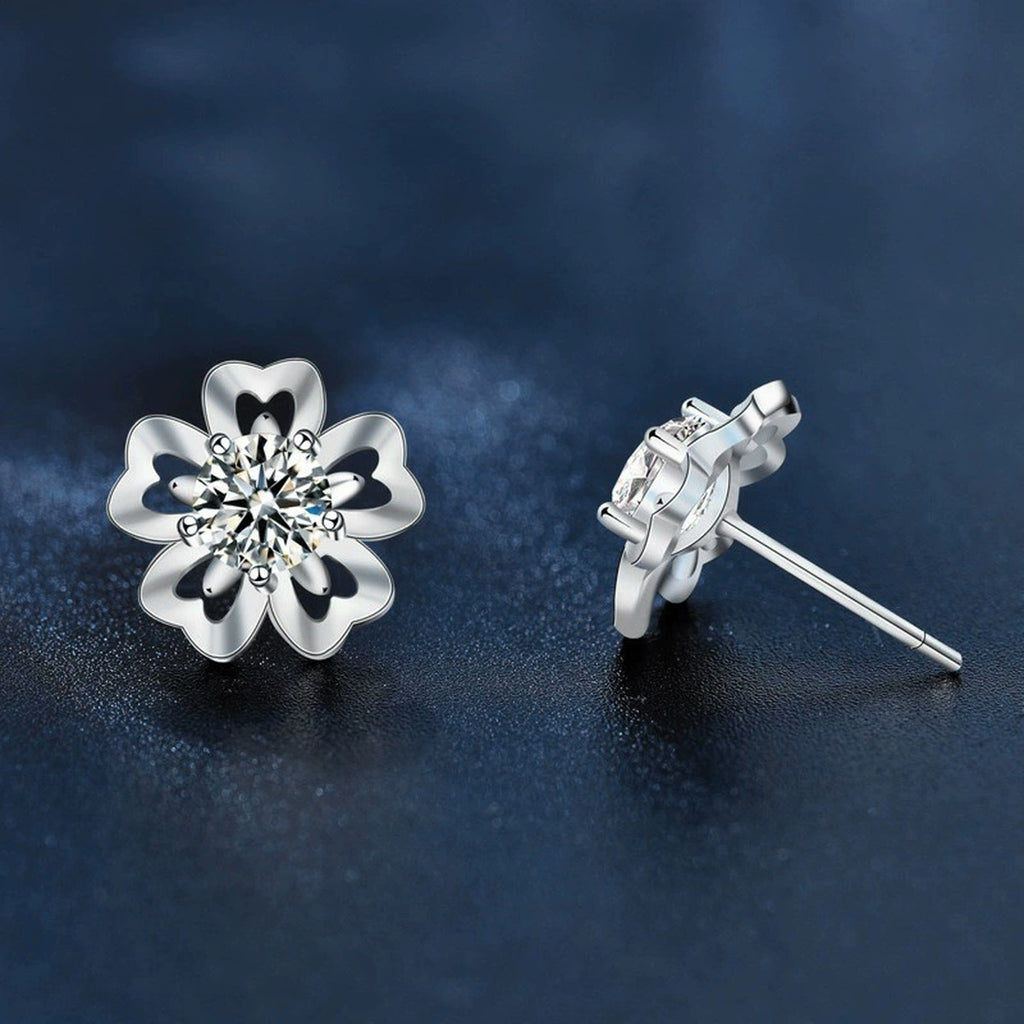 Cherry Blossom Round Moissanite Stud Earrings in White Gold-Plated S925 sterling silver product scene view showing angled setting detail