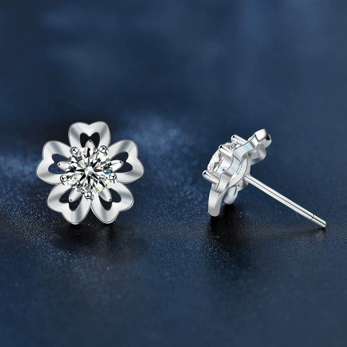 Cherry Blossom Round Moissanite Stud Earrings in White Gold-Plated S925 sterling silver product scene view showing angled setting detail