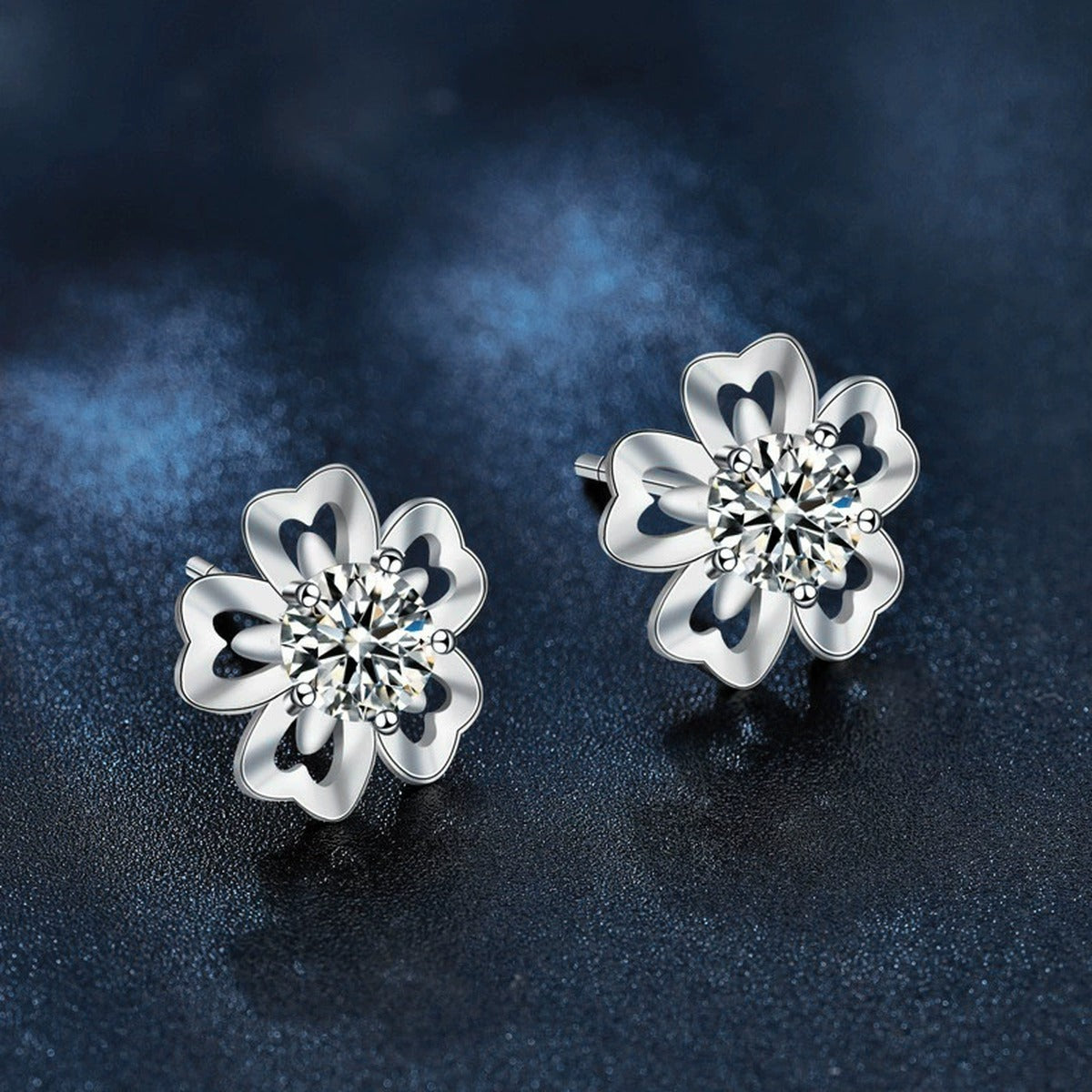 Cherry Blossom Round Moissanite Stud Earrings in White Gold-Plated S925 sterling silver product scene view showing side profile