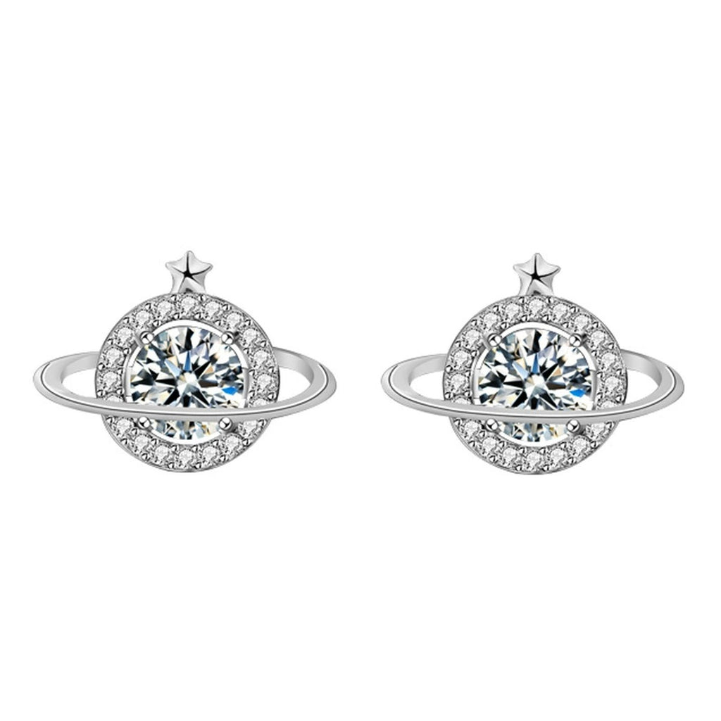 Planet Round Moissanite Stud Earrings with CZ in White Gold-Plated S925 sterling silver white background product photo showing the pair, stone shape, and stud earrings silhouette