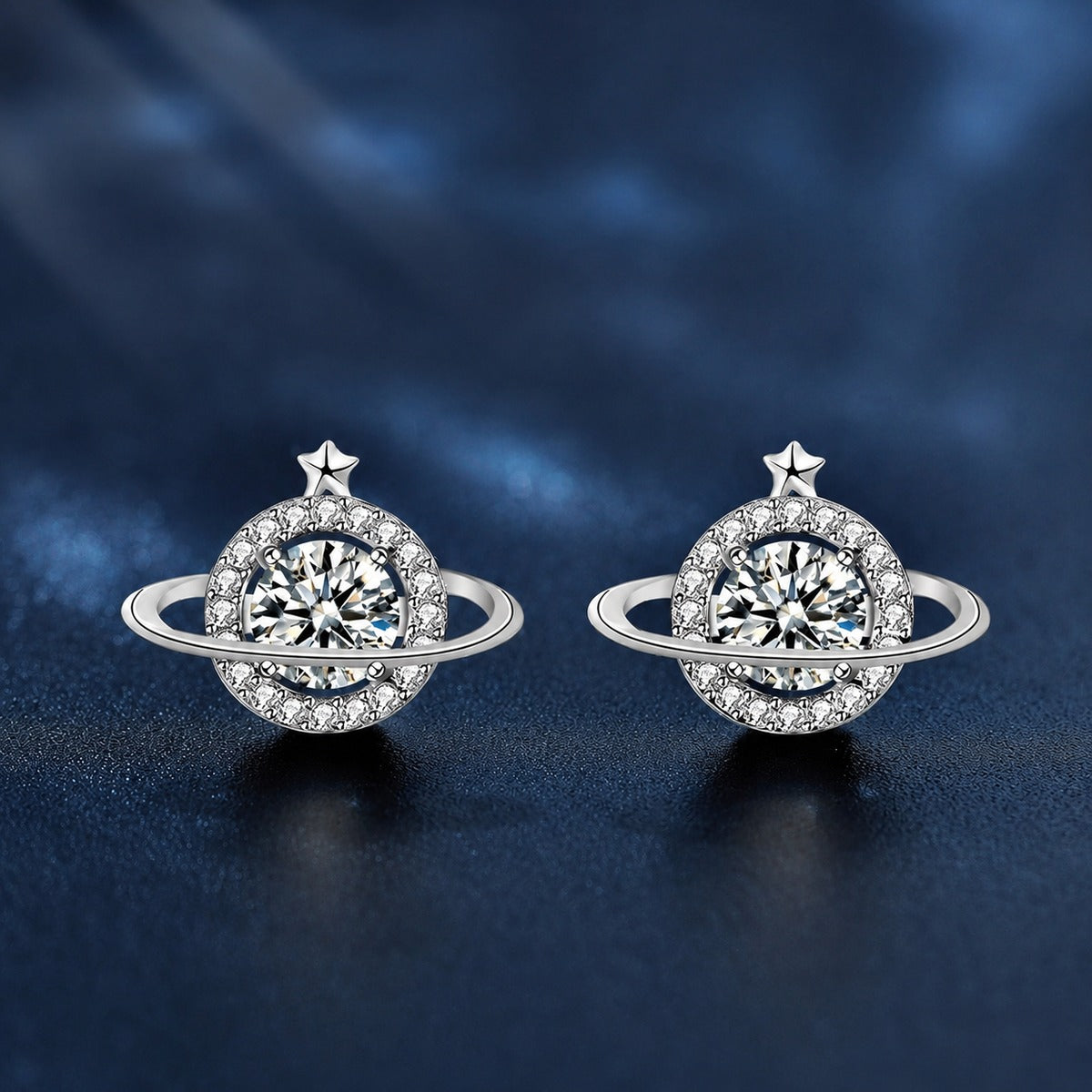 Planet Round Moissanite Stud Earrings with CZ in White Gold-Plated S925 sterling silver product scene view showing front sparkle