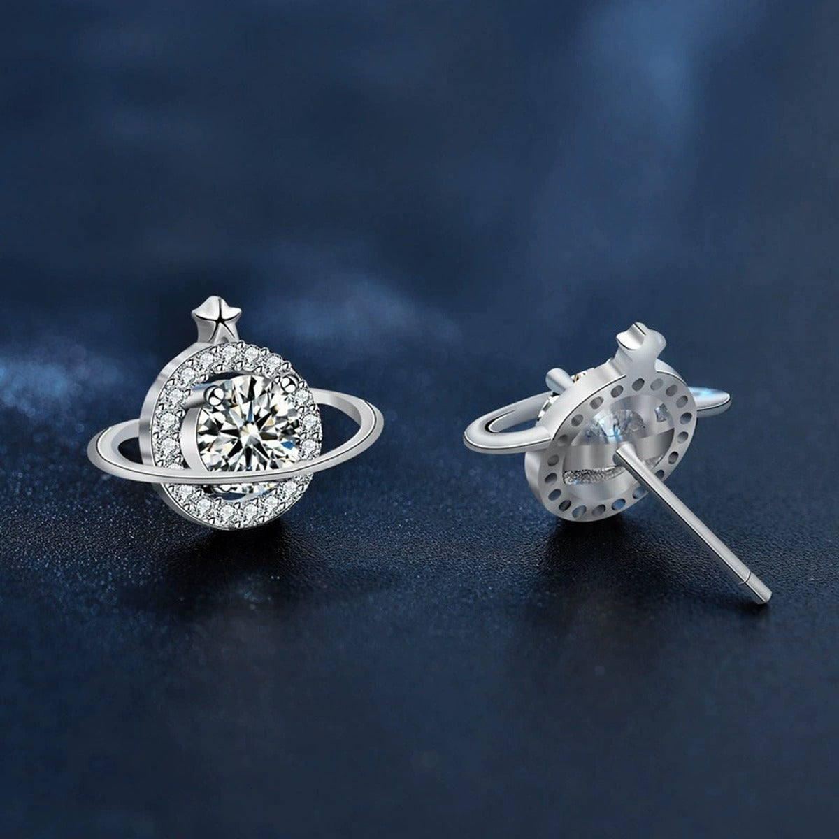 Planet Round Moissanite Stud Earrings with CZ in White Gold-Plated S925 sterling silver product scene view showing angled setting detail