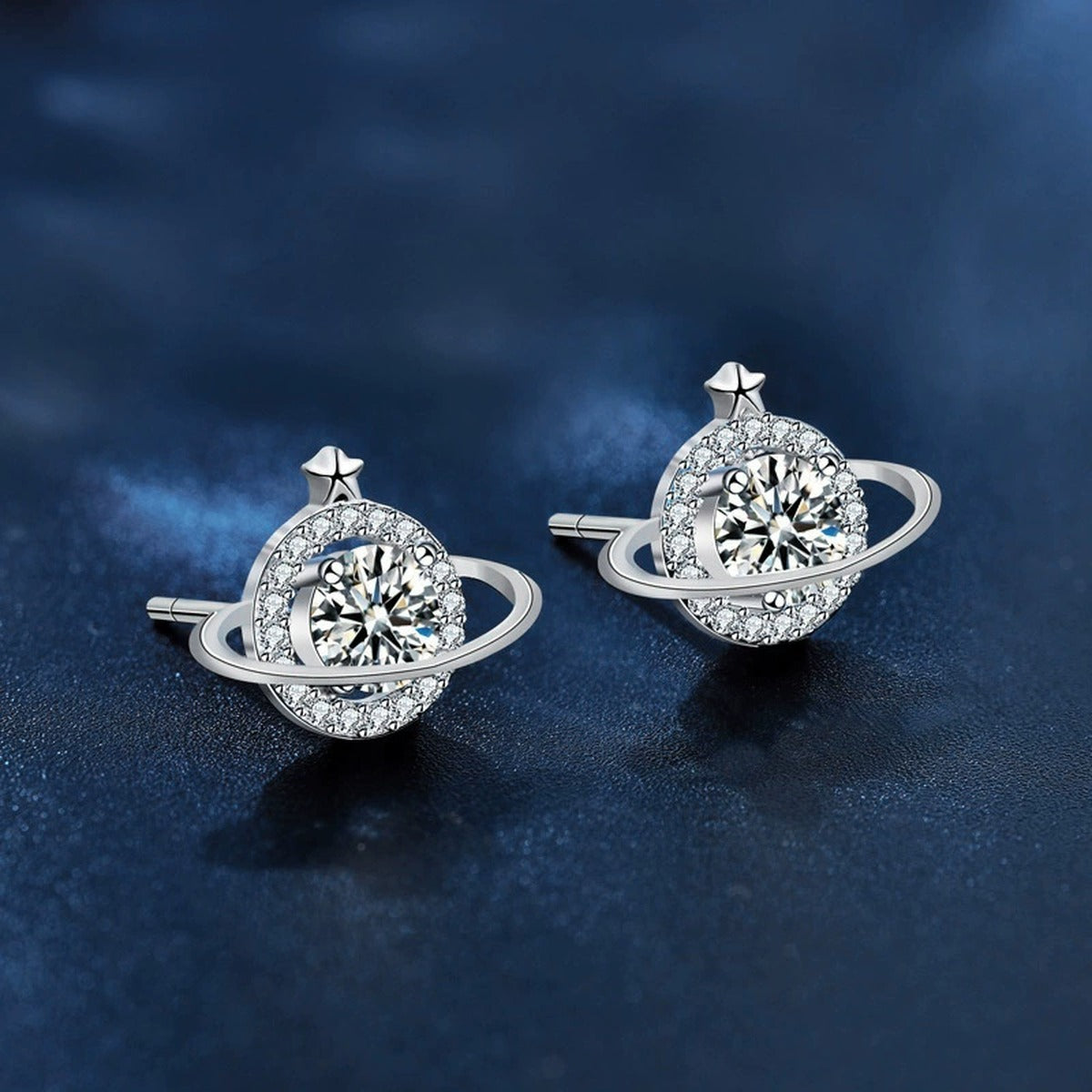 Planet Round Moissanite Stud Earrings with CZ in White Gold-Plated S925 sterling silver product scene view showing side profile