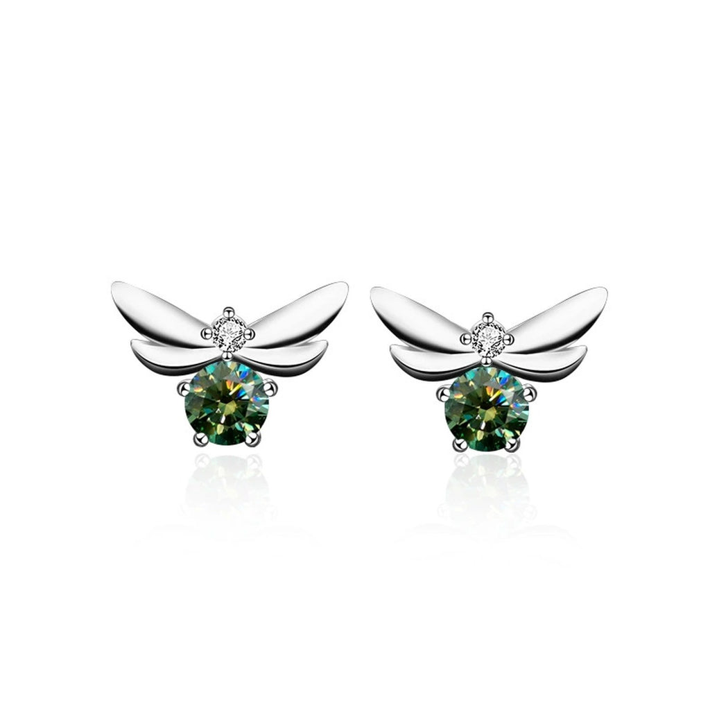 Bee Green Moissanite Stud Earrings with CZ in Gold-Plated S925 sterling silver white background product photo showing the pair, stone shape, and stud earrings silhouette
