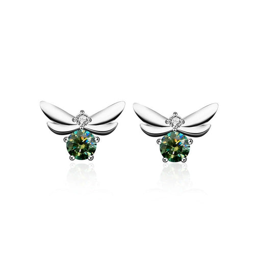 Bee Green Moissanite Stud Earrings with CZ in Gold-Plated S925 sterling silver white background product photo showing the pair, stone shape, and stud earrings silhouette