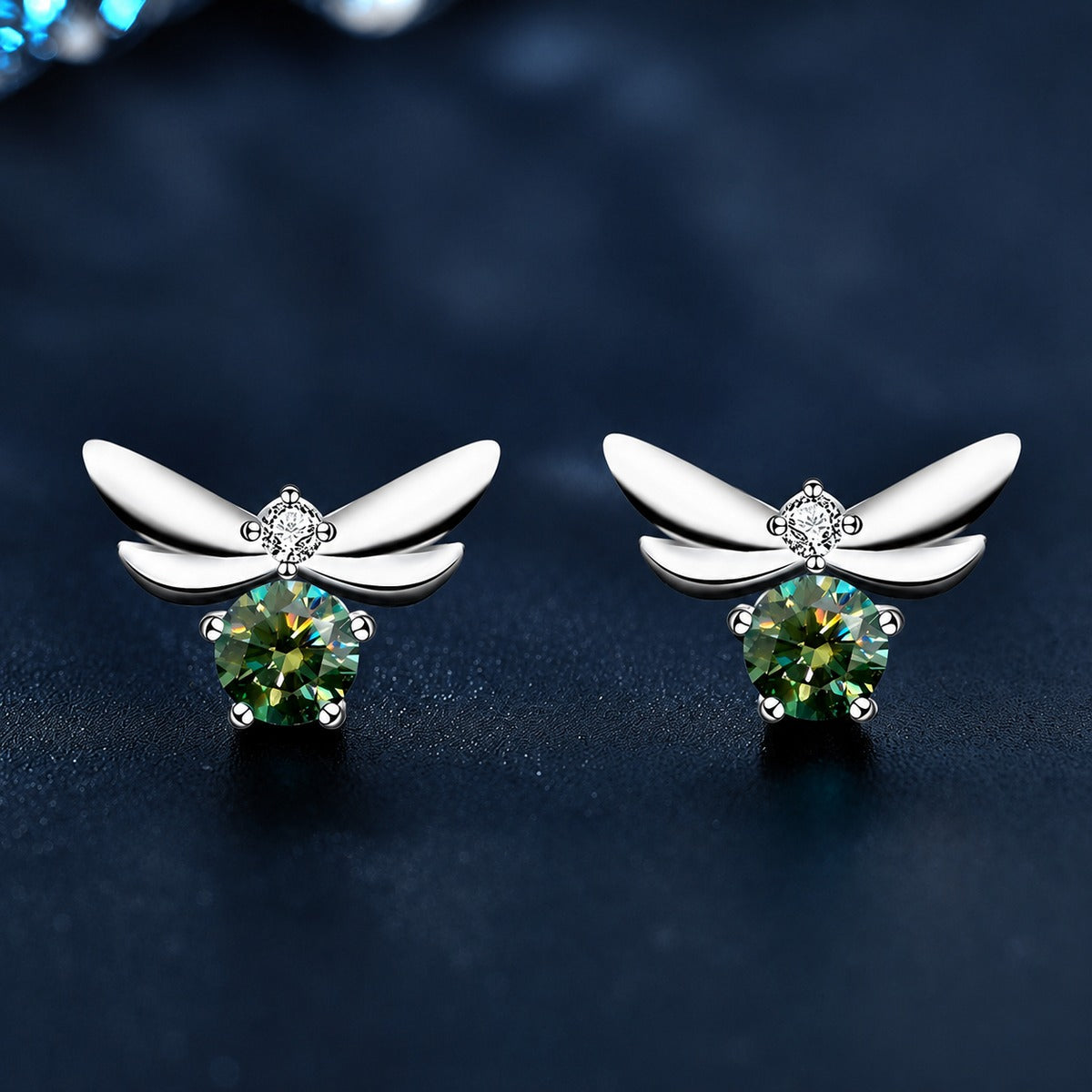 Bee Green Moissanite Stud Earrings with CZ in Gold-Plated S925 sterling silver product scene view showing side profile