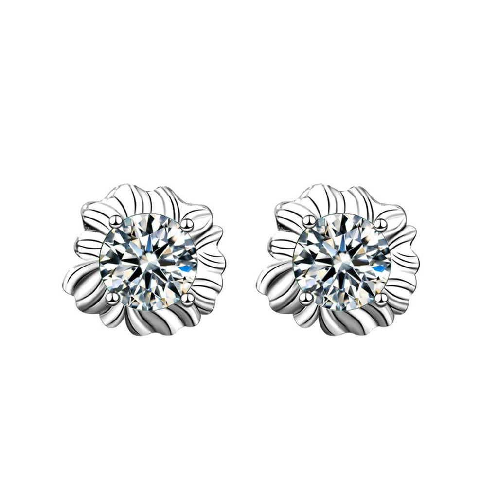 Sunflower Moissanite Stud Earrings in White Gold-Plated S925 sterling silver white background product photo showing the pair, stone shape, and stud earrings silhouette