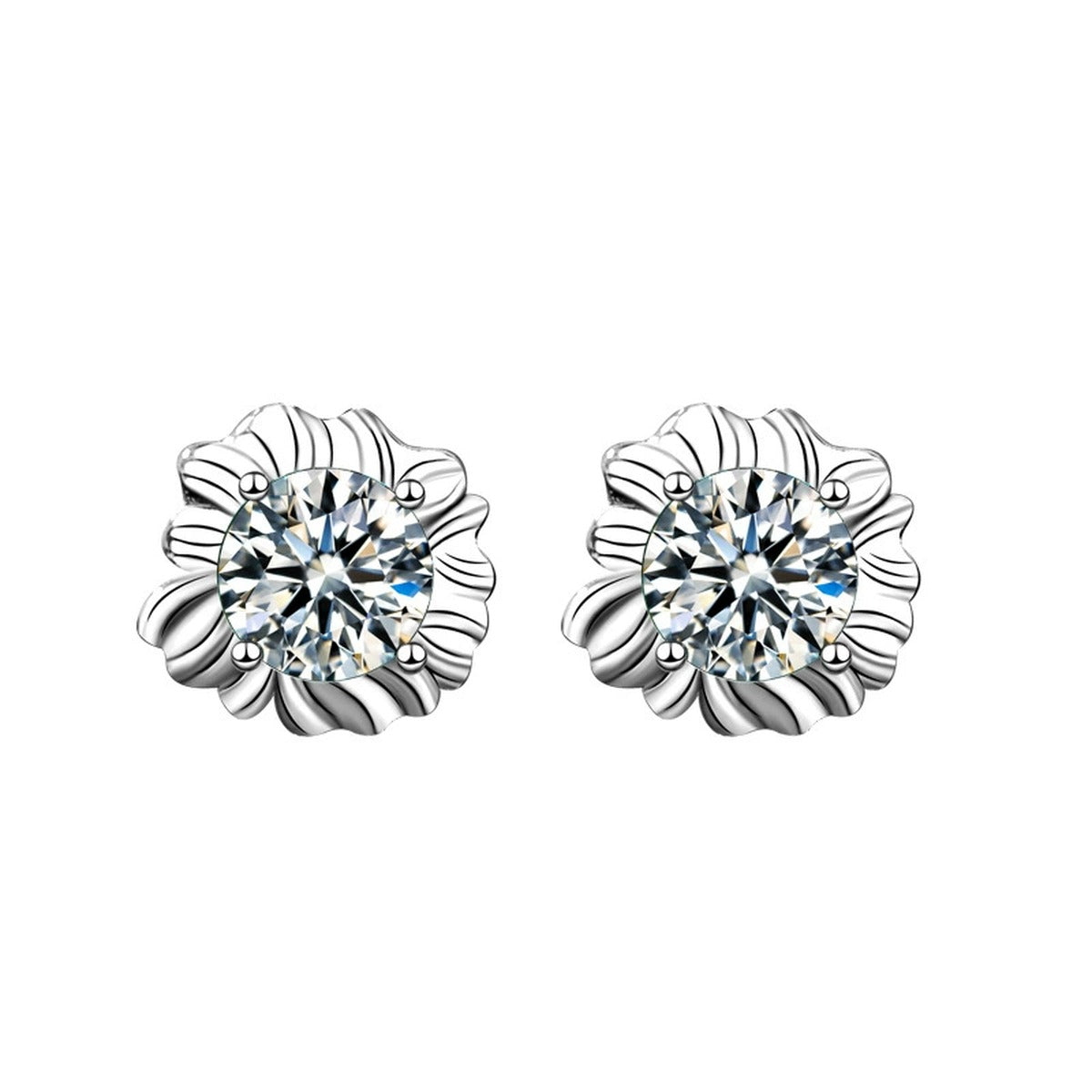 Sunflower Moissanite Stud Earrings in White Gold-Plated S925 sterling silver white background product photo showing the pair, stone shape, and stud earrings silhouette