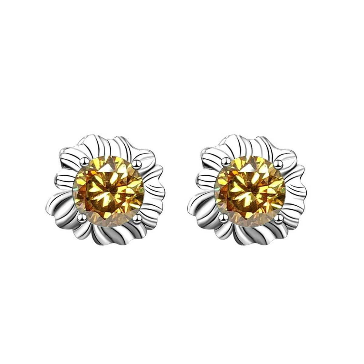 Sunflower Moissanite Stud Earrings in White Gold-Plated S925 sterling silver product scene view showing angled setting detail
